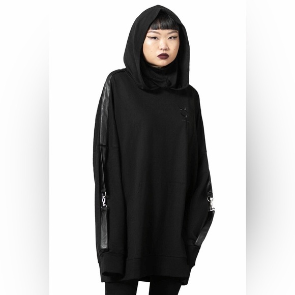 Killstar Orion Masked Strap clasp detail Sleeves emo goth unisex hoodie Large - Picture 1 of 11
